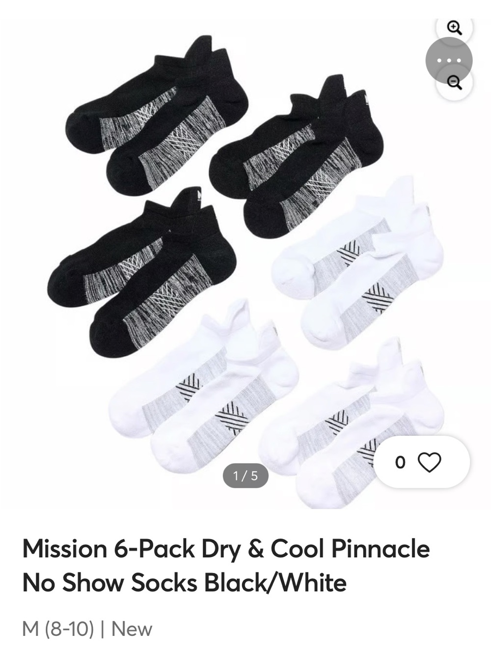 Mission 6-Pack No-Show Athletic Socks — Black & White